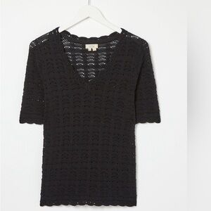 Black Crochet V‑Neck Short Sleeve Sweater